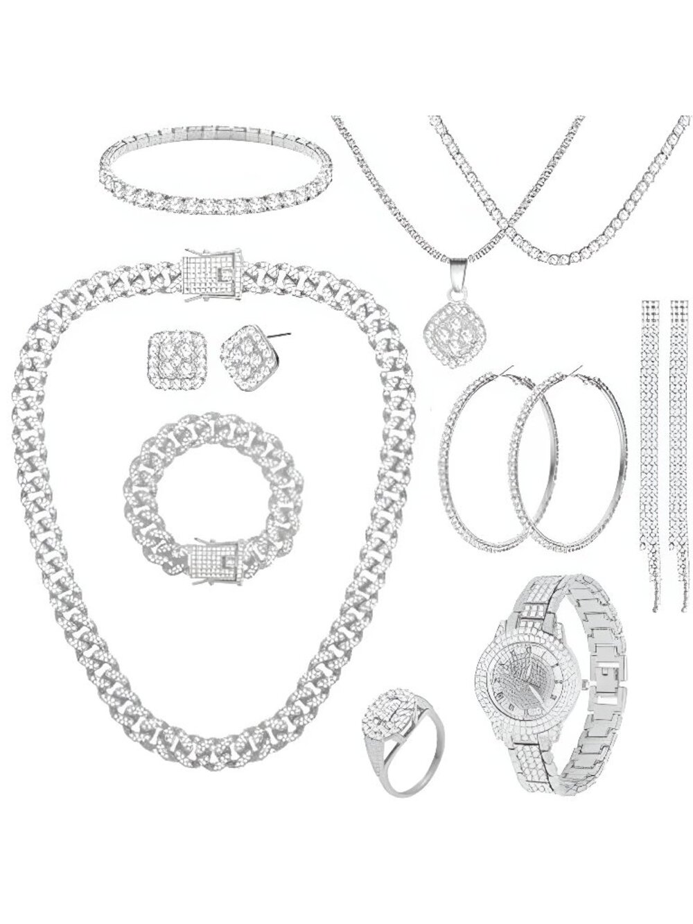 13 Pieces Silver Jewelry Set for Women Stainless Steel Cuban Link